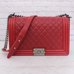 Chanel Boy Bag Burgundy Caviar Leather Shoulder Bag Handbag Purse A4938